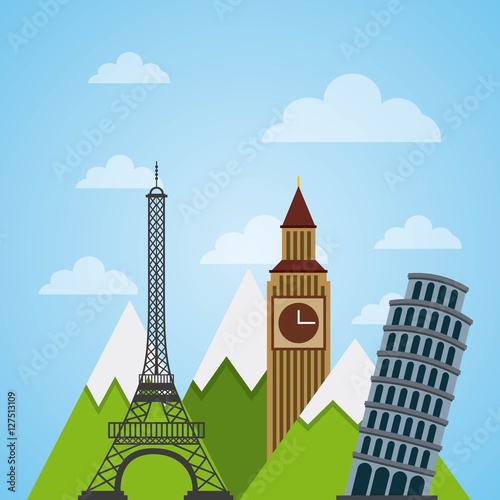 iconic monuments of the world over sky background. colorful design. vector illustration