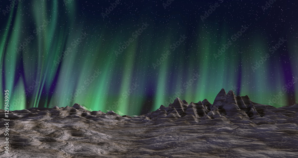 3d illustration of a beautiful Aurora glowing at the night sky over moonlit mountains