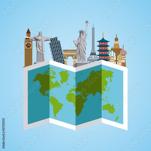 iconic monuments of the world and map over blue background. colorful design. vector illustration