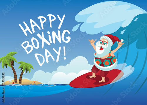 Canvas Print Happy Boxing Day Cartoon Santa Claus surfing a gnarly wave while giving the shaka hand sign