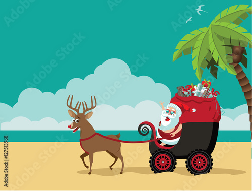   Cartoon Santa Claus delivering Christmas gifts on the beach in his dune buggy. Background with copy space for tropical Christmas or after Christmas. EPS 10 vector.