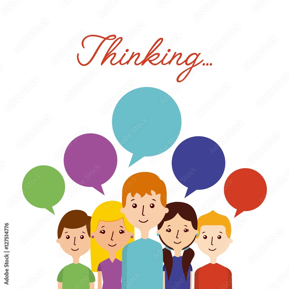 cartoon people standing with thinking bubbles. colorful design. vector illustration