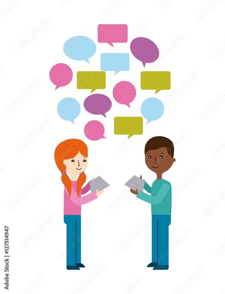 cartoon people standing with speech bubble over white background. colorful design. vector illustration