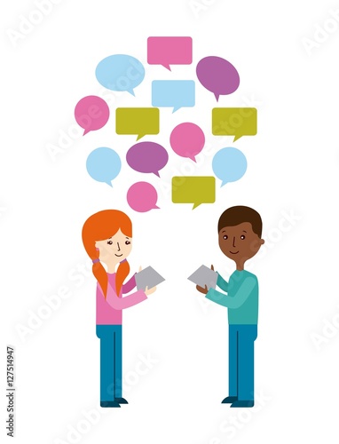 cartoon people standing with speech bubble over white background. colorful design. vector illustration
