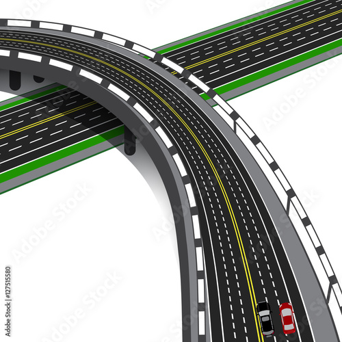 Car overpass crosses the highway. Road interchange.  illustration photo