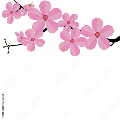 Stylized cherry Japan cherry branch with blooming flowers  illustration