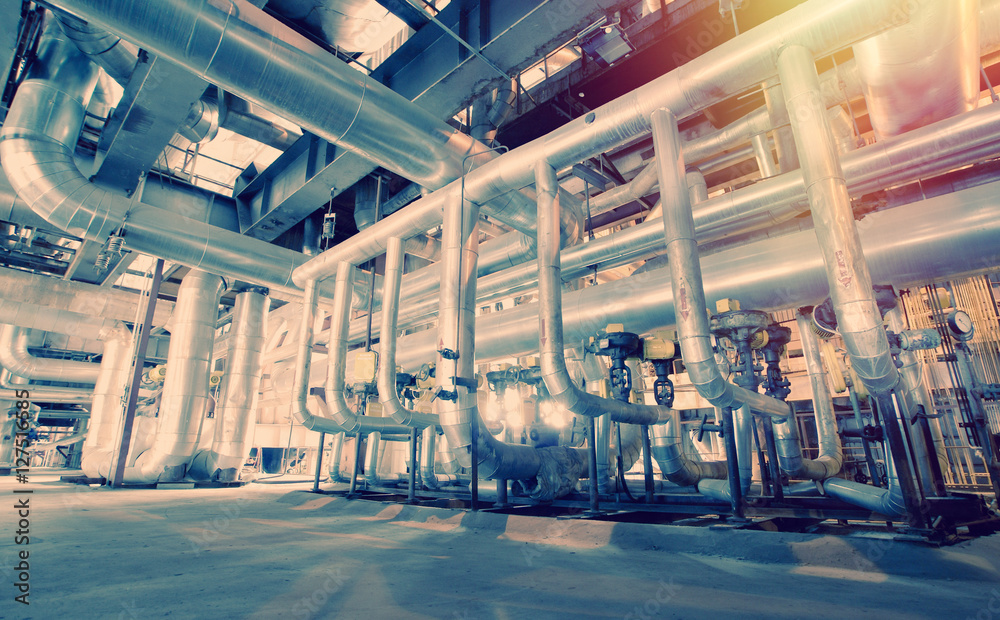 Fototapeta premium Industrial zone, Steel pipelines, valves and cables