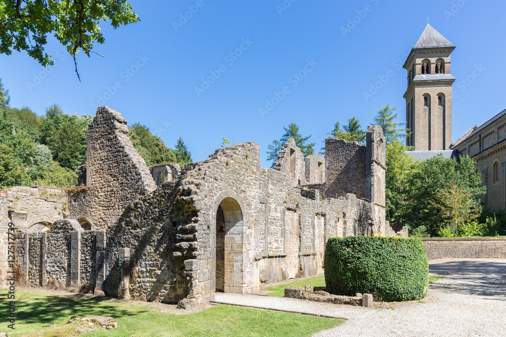 Ruins Orval Abbey in Belgian Ardennes.