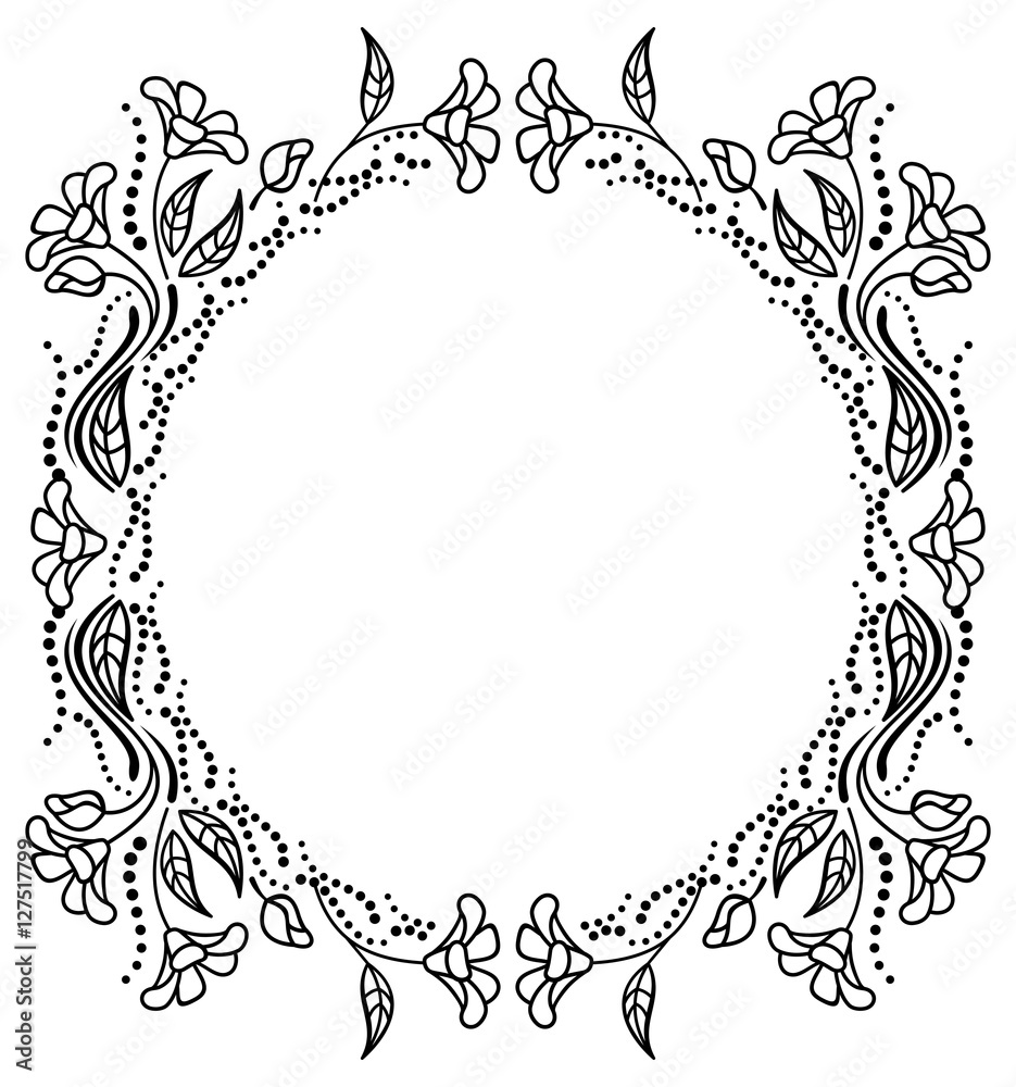 Obraz premium Round black and white frame outline decorative flowers. Copy space. 