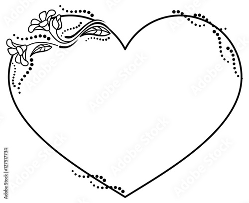 Heart-shaped black and white frame with floral silhouettes. Copy space. 