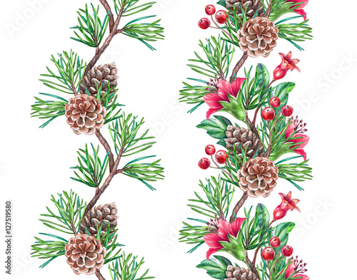 Christmas seamless border design elements, floral garland, watercolor illustration isolated on white background © wacomka