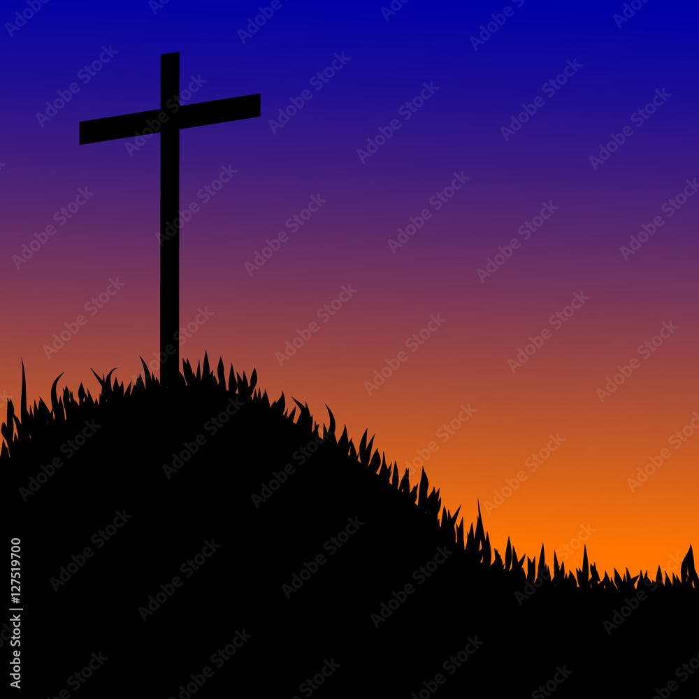 Wooden cross on a hill  the sunset background