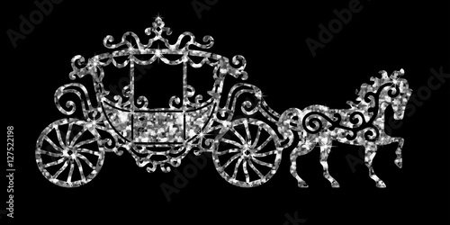 Horse carriage silver silhouette. Vector illustration. Art silver glitter icon. Creative concept for web, glow light confetti, bright sequins, sparkle tinsel, abstract bling, shimmer dust.