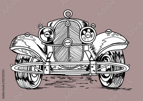 Typical classic retro vintage monochrome cabriolet Car from 20s or 30s ,  abstract hand drawn nib pen drawing of a convertible automobile from 1920s or 1930s , engraving, Ecard, isolated