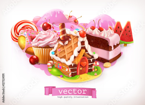 Sweet shop. Pink. Confectionery and desserts, gingerbread house, cake, cupcake, candy. 3d vector illustration