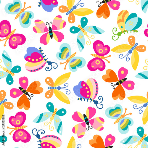Seamless background with colorful cartoon butterflies.
