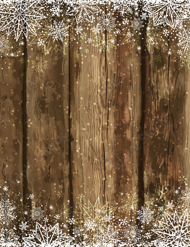Wooden brown christmas background with snowflakes and stars