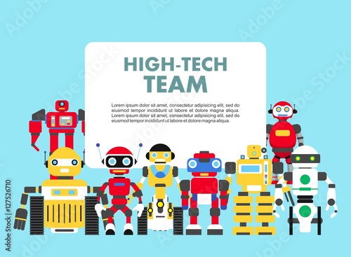 Group of different abstract robots standing together on blue background in flat style. High-tech team concept. Flat design characters. Vector illustration.