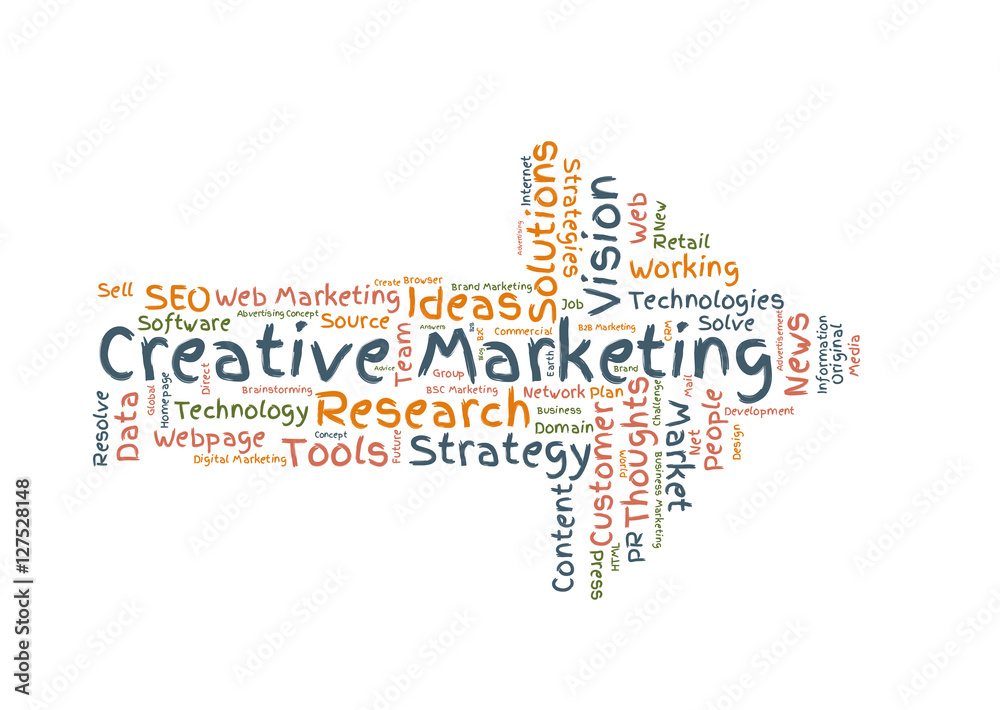 Creative Marketing word cloud arrow shaped Creative Marketing word cloud arrow shaped