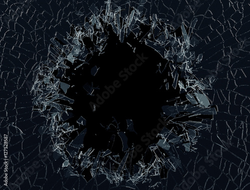 3d render, digital illustration, explosion, cracked glass, wall, bullet hole, destruction, abstract black background