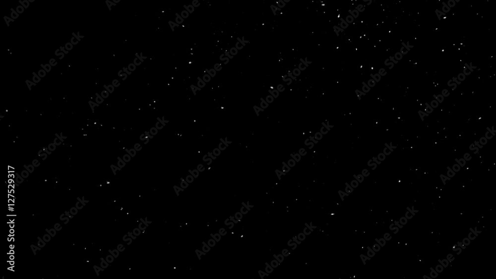 Falling down in slow motion real snowflakes from right to left, calm snow, shot on black background, matte, wide angle, animation with start and end, isolated, perfect for digital composition