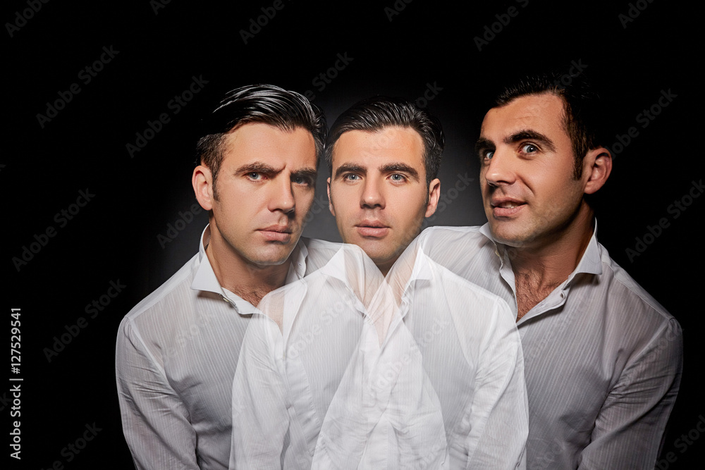 Portrait of a man with a variety of emotions. triple exposition, on a black background. Portrait of a man with a variety of emotions. triple exposition, on a black background.