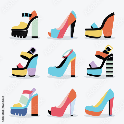 Retro colorful and trendy women isolated platform high heel shoes set on white background