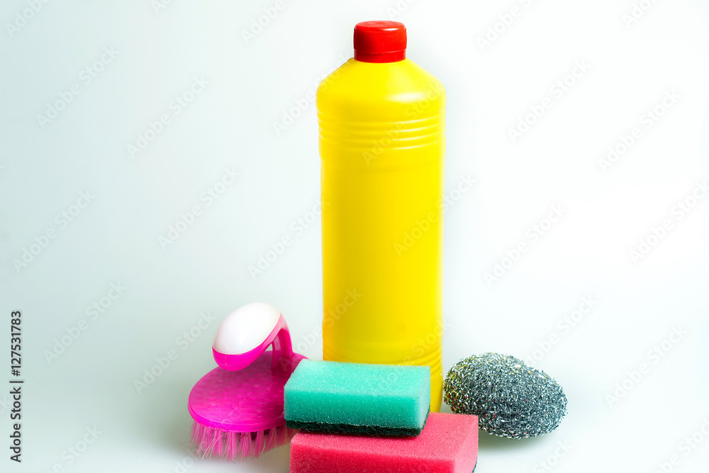 Cleaning Set. Tools for cleaning. Cleaning agents, spray, rubber gloves on a white background. Cleaning Set. Tools for cleaning. Cleaning agents, spray, rubber gloves on a white background.