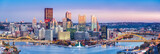 Pittsburgh, Pennsylvania skyline at dusk. Located at the confluence of the Allegheny, Monongahela and Ohio rivers, Pittsburgh is also known as 