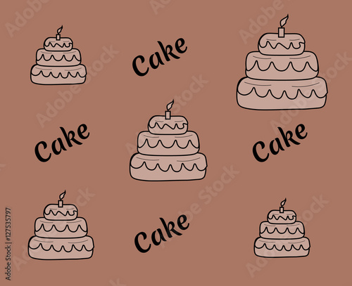 Pattern of light coffee cakes of different sizes with a black outline on a coffee background and the words "Cake". Vector illustration. 