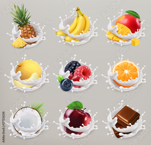 Fototapeta Naklejka Na Ścianę i Meble -  Fruit, berries and yogurt. Mango, banana, pineapple, apple, orange, chocolate, melon, coconut. 3d vector icon set 2