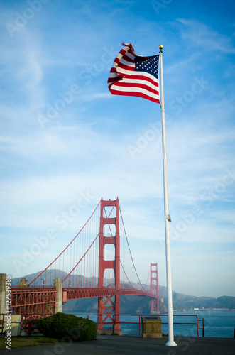 Photography Golden Gate Bridge in San Francisco California and US flag