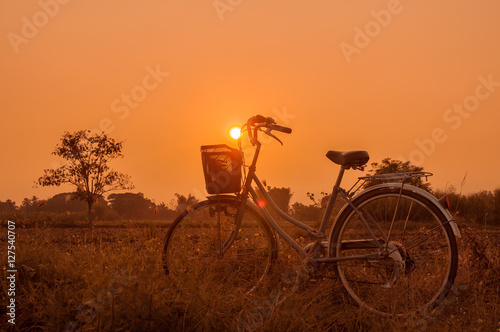 Landscape of field with retro bicycle and sunset background © guykantawan