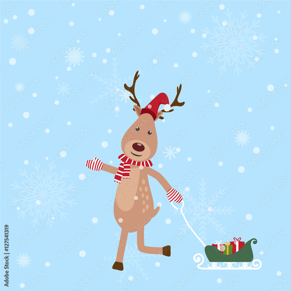 Deer and gift boxes in sleigh Christmas decoration blue backgrou Deer and gift boxes in sleigh Christmas decoration blue backgrou