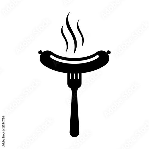 black silhouette fork with wavy sausage and aroma vector illustration