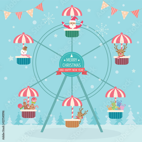 Illustration Vector of Christmas ornaments sitting on the ferris wheel for Christmas and new year night party. 