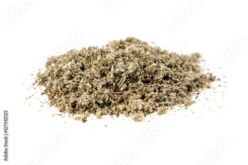 Pile of rubbed sage isolated on white background