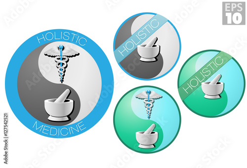 Holistic medicine icons, caduceus, short staff entwined by two serpents, surmounted by wings