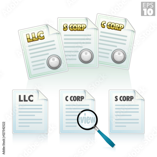 Articles of incorporation, LLC, S-corp, C-corp certificates and documents, magnifiying glass for review