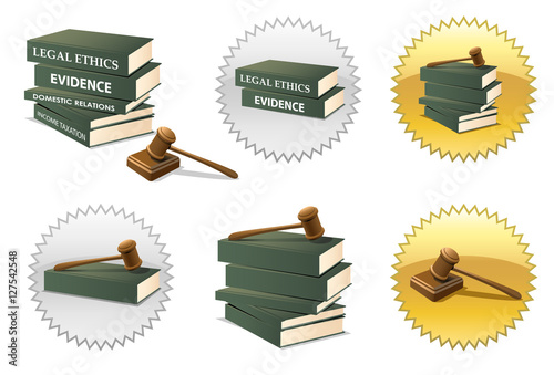 Law books, gold and silver award seals, gavel and sound block, l