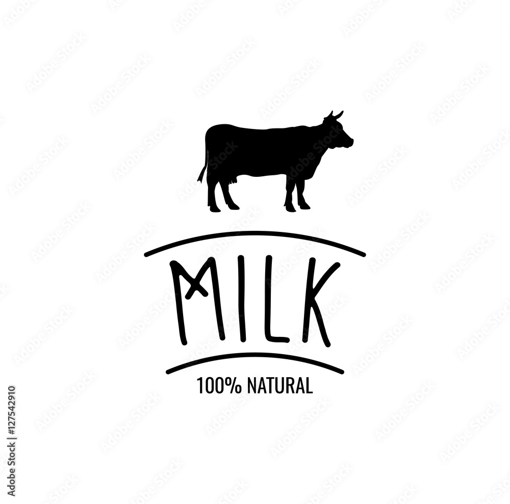 Cow Silhouette Label. Milk Badge 100 Natural. Vector Illustration.