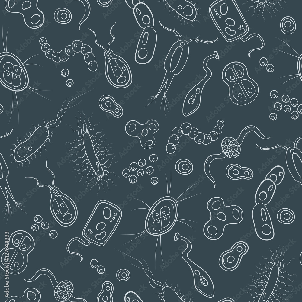 Seamless pattern with contour images of bacteria, germs and viruses on the dark background Seamless pattern with contour images of bacteria, germs and viruses on the dark background