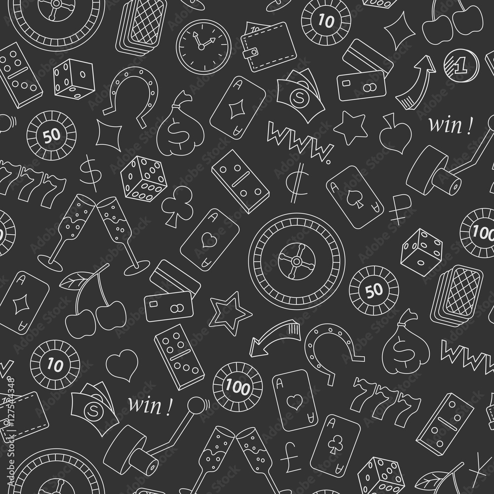 Seamless pattern on the theme of gambling and money simple contour icons on dark background Seamless pattern on the theme of gambling and money simple contour icons on dark background
