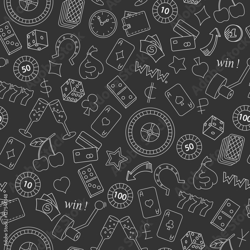Seamless pattern on the theme of gambling and money simple contour icons on dark background