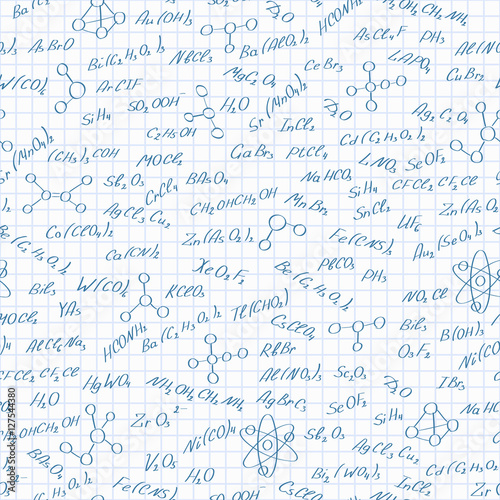 Seamless pattern on the theme of the subject of chemistry, hand-written formulas of substances, and images of molecules on a white background