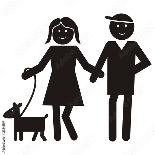 Figure, lady and man with dog, vector black icon