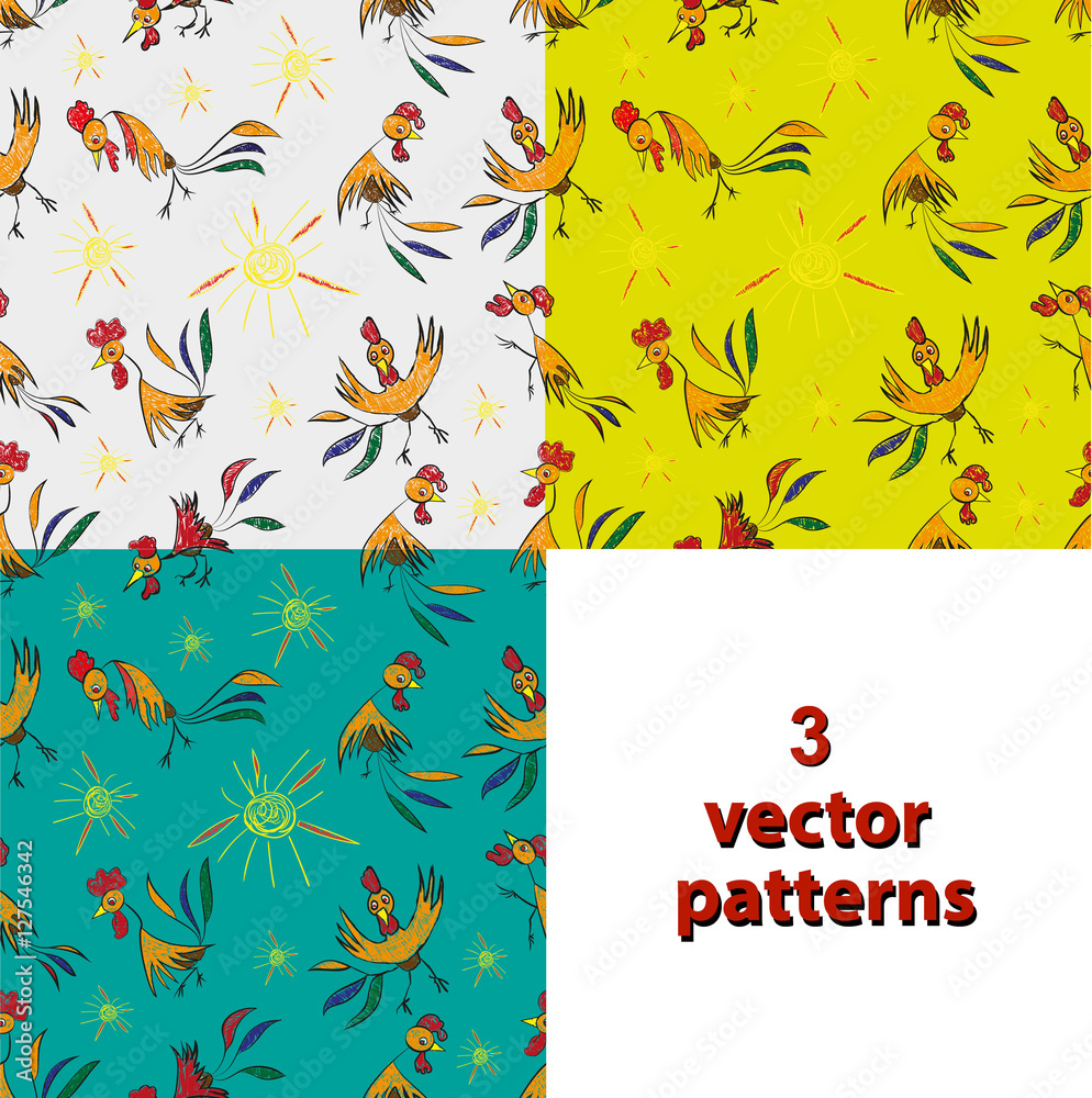Seamless children pattern drawing depicting a rooster