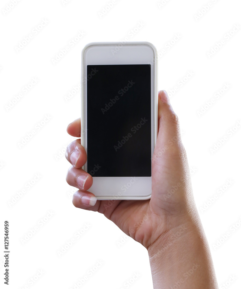 Hand of woman holding a smartphone isolated on white background.