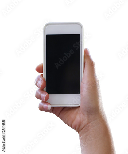 Hand of woman holding a smartphone isolated on white background.