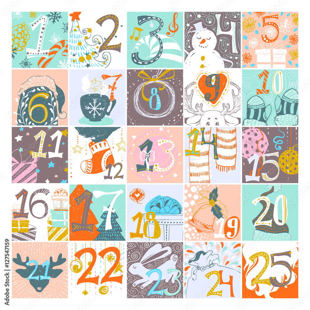 Advent calendar, Xmas design. Merry Christmas poster. Hand drawn vector cartoon illustration. Advent calendar, Xmas design. Merry Christmas poster. Hand drawn vector cartoon illustration.